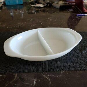 Vintage PYREX 13" Oval Divided Casserole Dish handles White #10633
